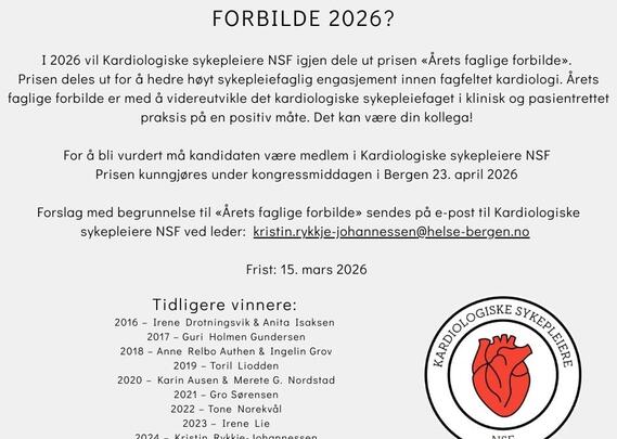 Nominasjon til årets faglige forbilde 2026 sendes til kristin-rykkje-johannessen@helse-bergen.no