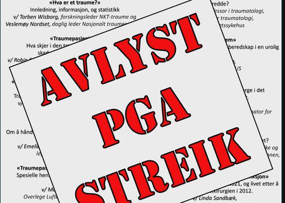 Programmet til kongressen i bakgrunn med tekst over som sier avlyst grunnet streik