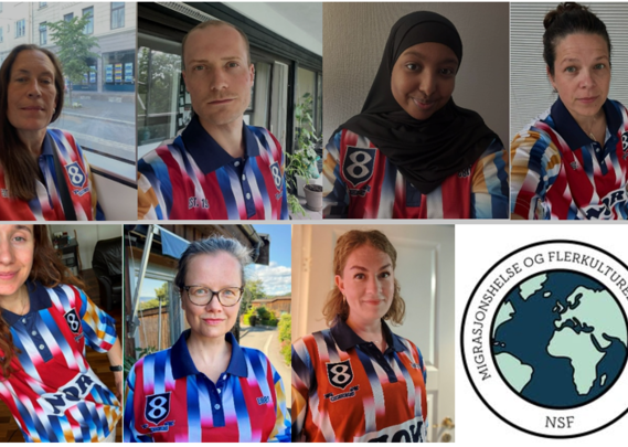 Bilde av styremedlemmer i Migrasjonshelse og flerkulturell sykepleie NSF i fotballtrøyer mot rasisme