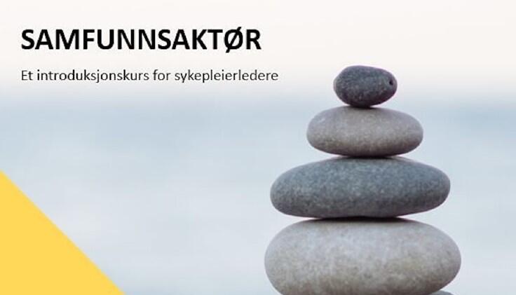 På bildet står teksten "Samfunnsaktør - Et introduksjonskurs for sykepleierledere". I forgrunnen sees fire grå stener stablet oppå hverandre. Bakgrunnen er utydelig og lyseblå. 